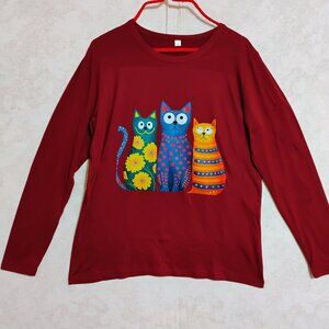 Three Colorful Cats Graphic Long-sleeve Tee Women's Medium